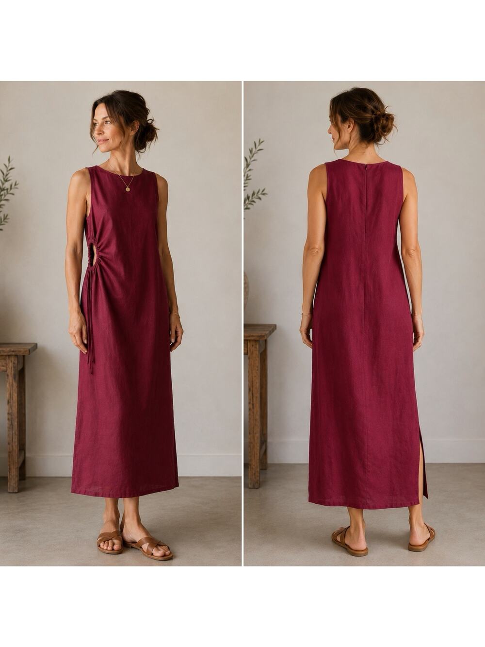Magaschoni Linen Dress 10 Burgundy Red Midi Rushed Cut Out Side Quiet Luxury